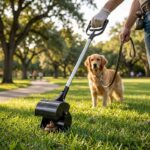 Dog owner using poop scooper in park cleaning pet waste