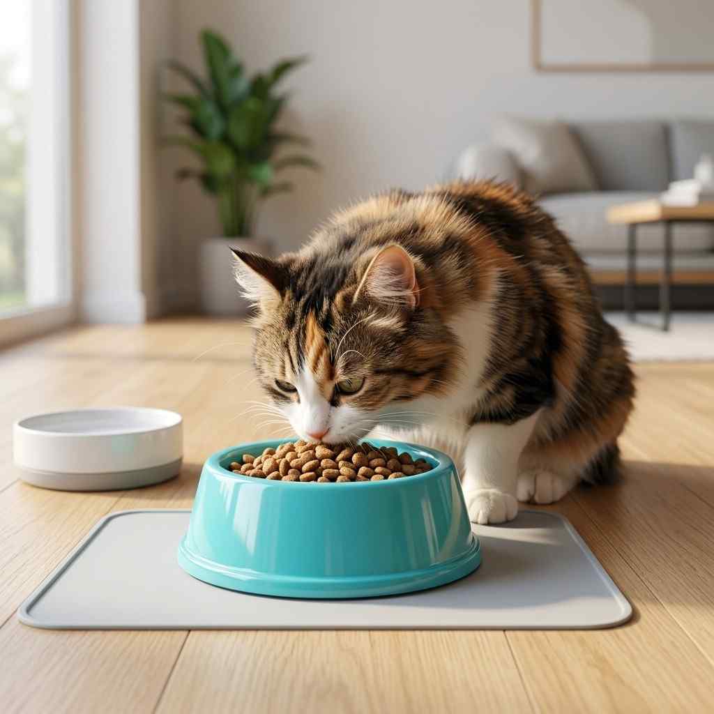 Cat eating food from single pet bowl in modern home