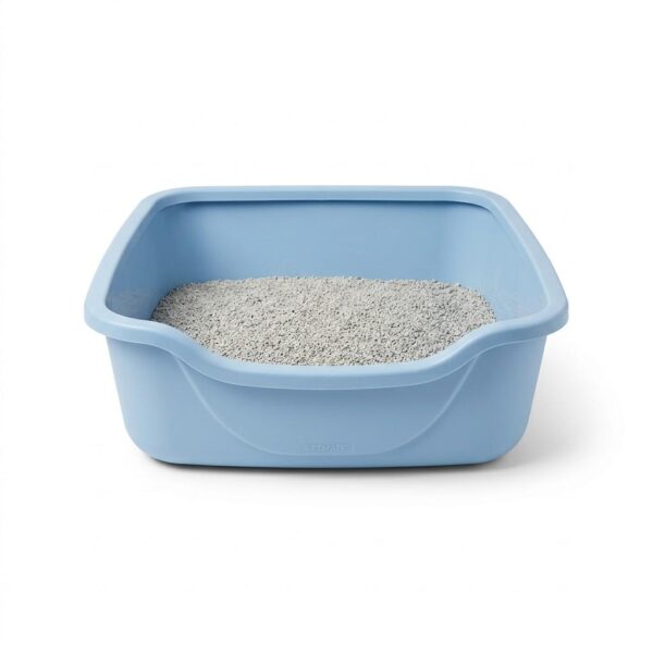 Front view of small plastic cat litter tray on white background