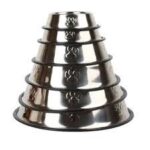 Front view of stainless steel pet feeding bowl on white background