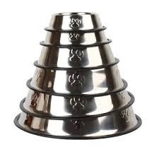 Front view of stainless steel pet feeding bowl on white background