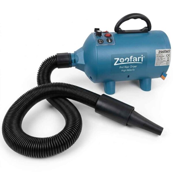 Zoofari high-velocity pet hair dryer with flexible black hose and nozzle attachment, designed for fast dog and cat grooming and drying.