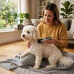 Zoofari pet trimmer grooming a fluffy dog indoors