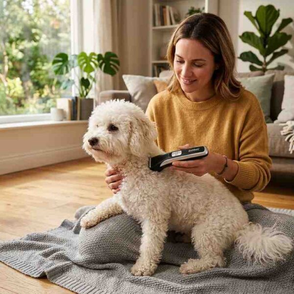 Zoofari pet trimmer grooming a fluffy dog indoors