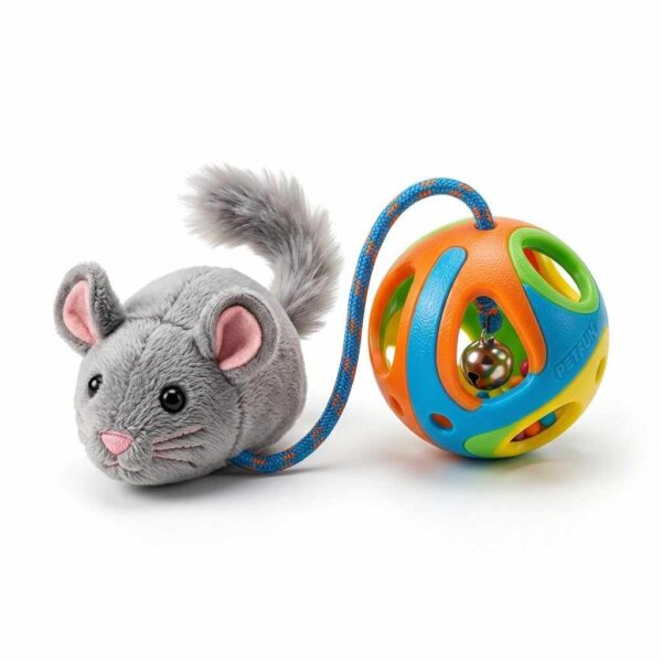 Front view of ball with mouse cat toy on white background