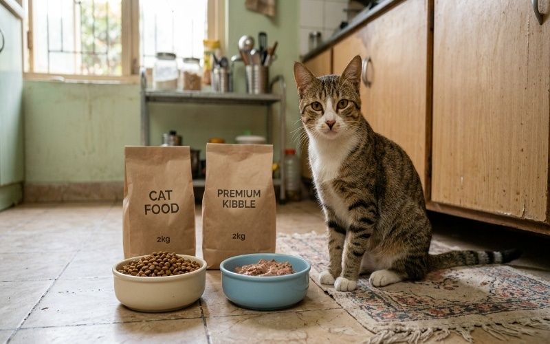 Cat eating near dry and wet food bowls in home showing best cat food in Pakistan guide