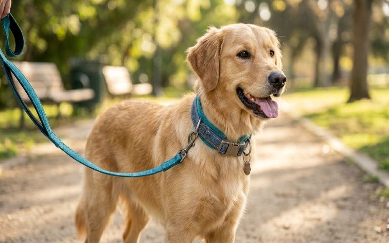Happy dog wearing a comfortable collar during walk showing best dog collars in Pakistan guide for pet owners
