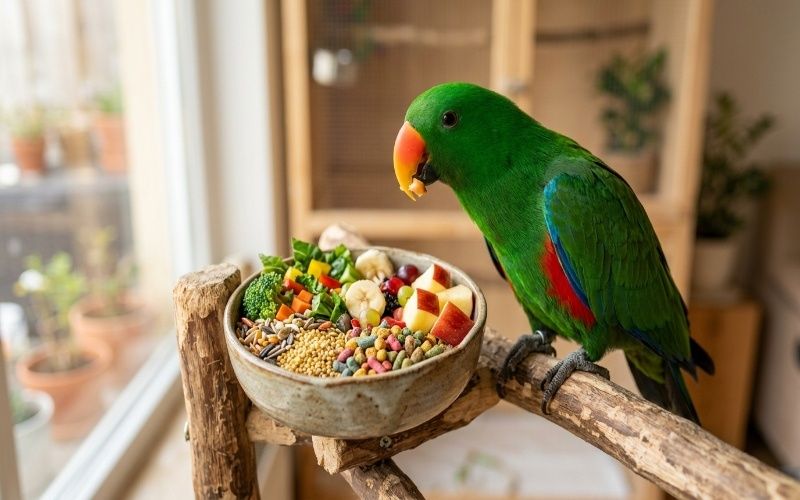Parrot eating balanced food with seeds pellets fruits and vegetables showing healthy diet in Pakistan