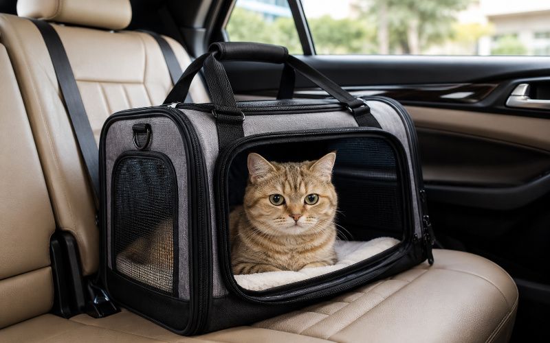 Cat sitting inside a safe pet carrier in car during travel in Pakistan