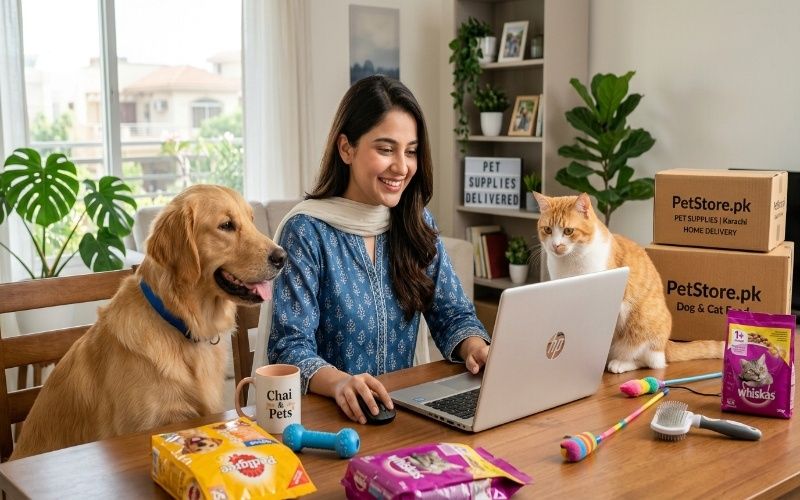 Pet owner shopping online for pet food in Pakistan with happy dog and cat beside showing best pet store guide concept