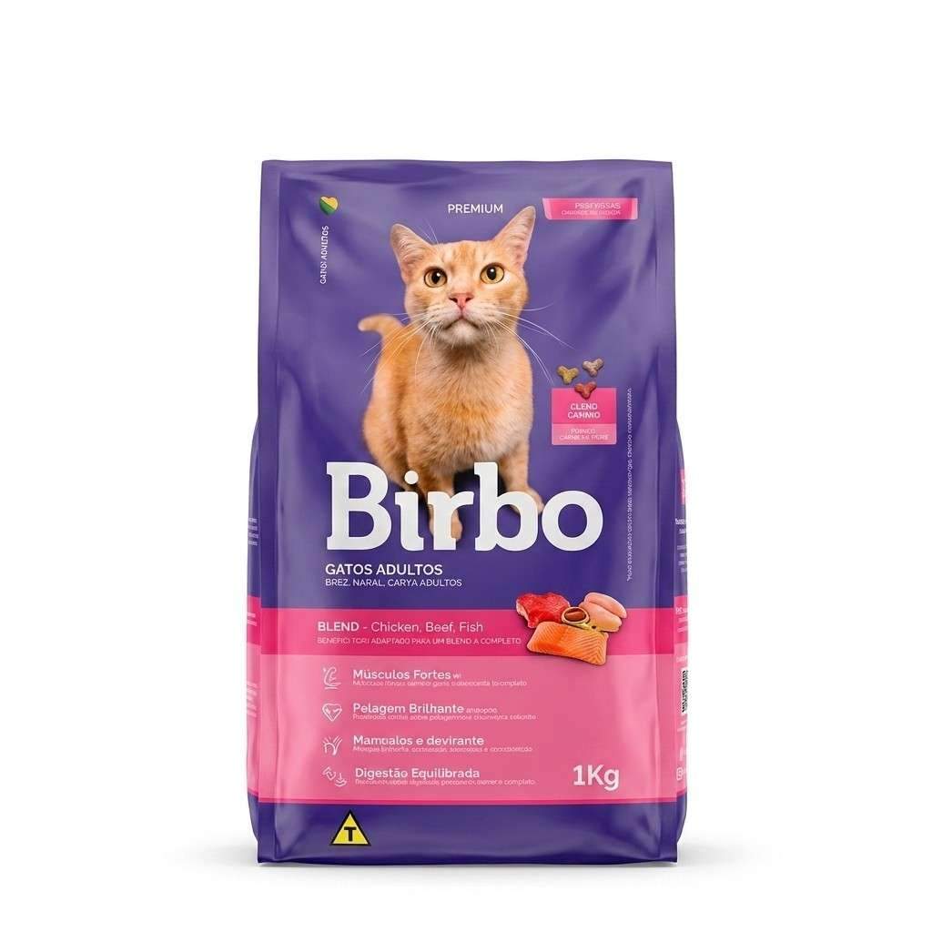 Birbo Cat Food Blend Chicken, Beef, Fish 1Kg front view on a white background.