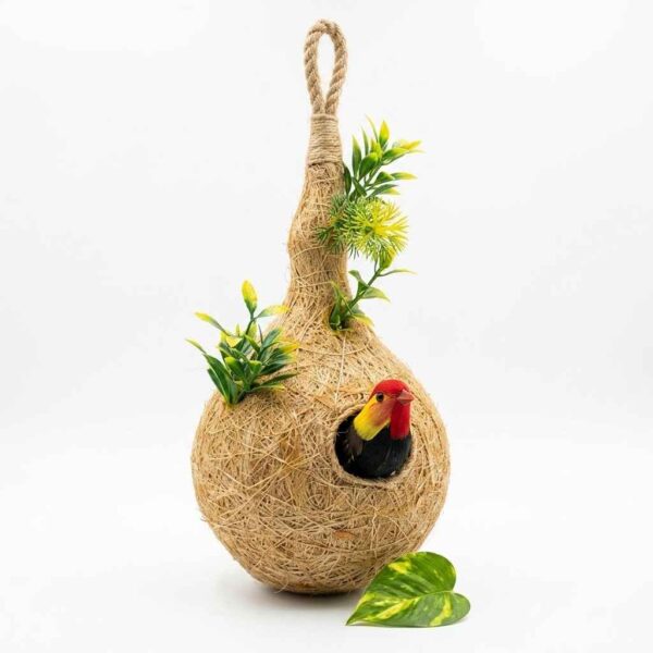 Handmade 12-inch bird nest for small pet birds on a white background.