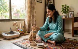 Beginner cat owner caring for indoor cat with food water and litter box at home