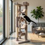 Cat climbing and playing on the Curve Tree Cat Scratching Post 157 cm.