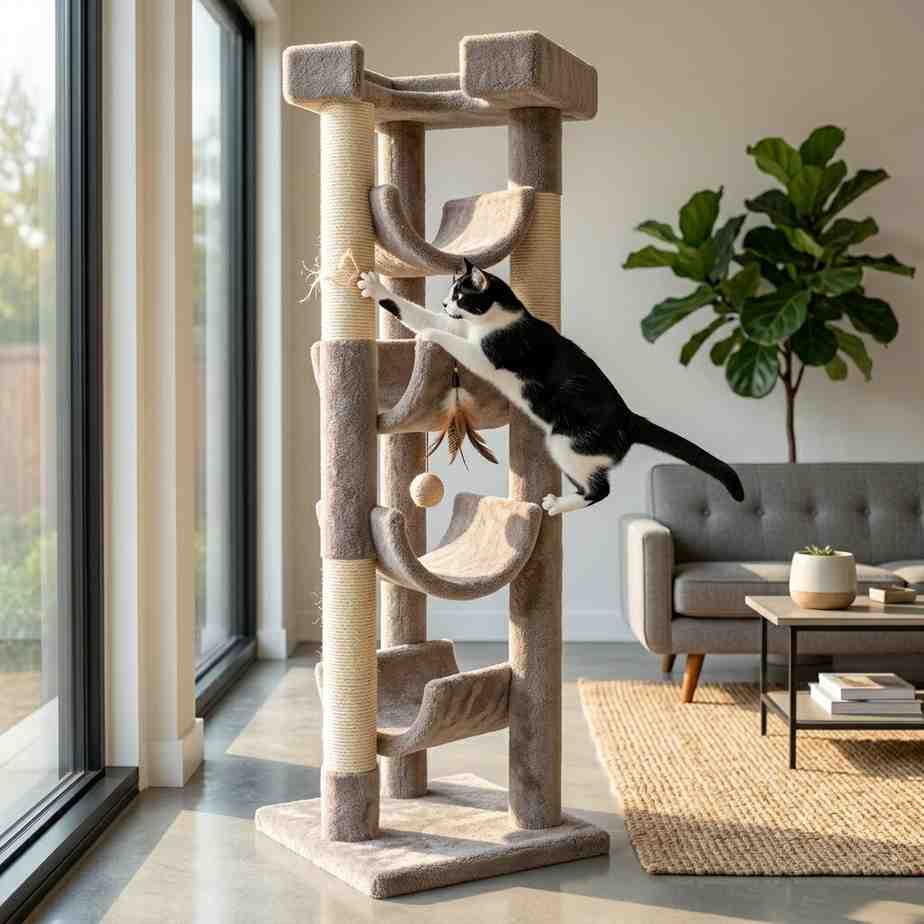 Cat climbing and playing on the Curve Tree Cat Scratching Post 157 cm.