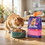 Healthy adult cat enjoying Birbo Cat Food Blend Chicken, Beef, Fish from a bowl.