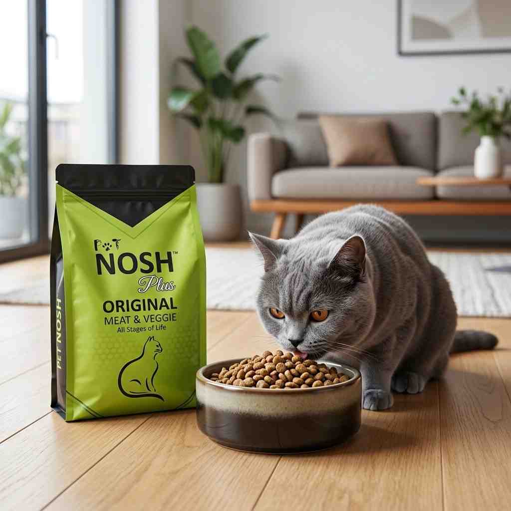 Healthy cat enjoying PET NOSH Plus Original Cat Food from a bowl.