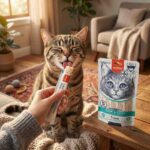 Cat licking Wanpy creamy treat stick