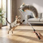 Playful cat chasing long tail teaser stick toy indoors