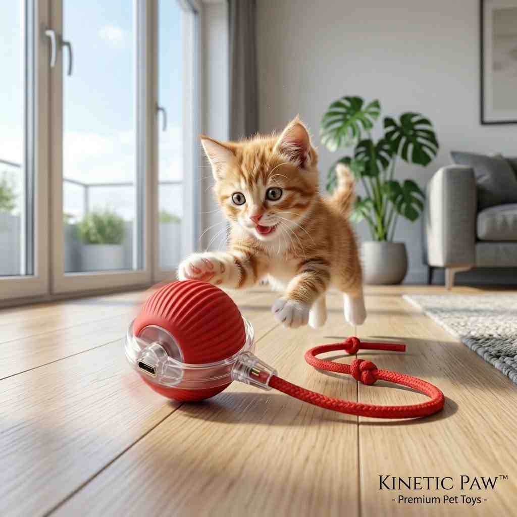 Playful cat chasing the Rolling Vibrating Bounce Ball Toy indoors.
