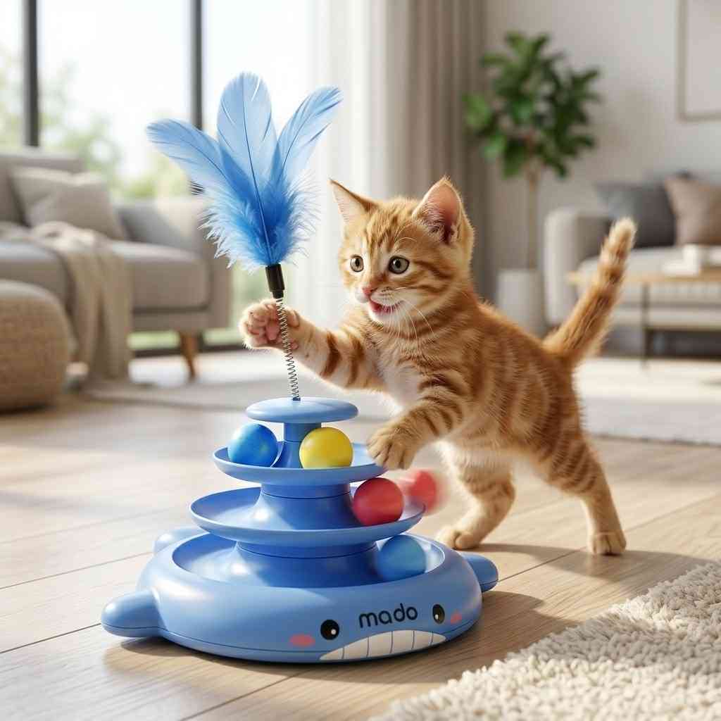 Tower Track Toy with 3 Balls & Feather for Cats | Interactive Cat Play Toy