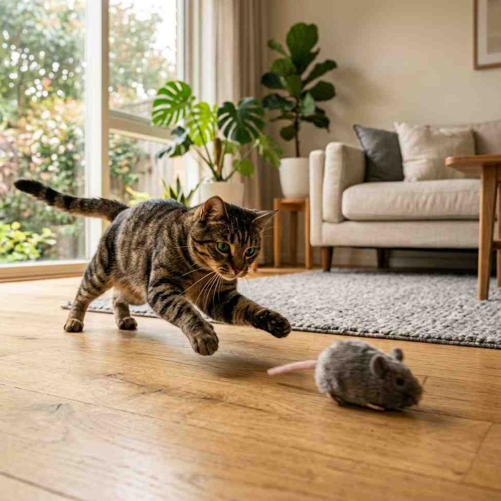 Playful cat chasing vibrating mouse toy indoors