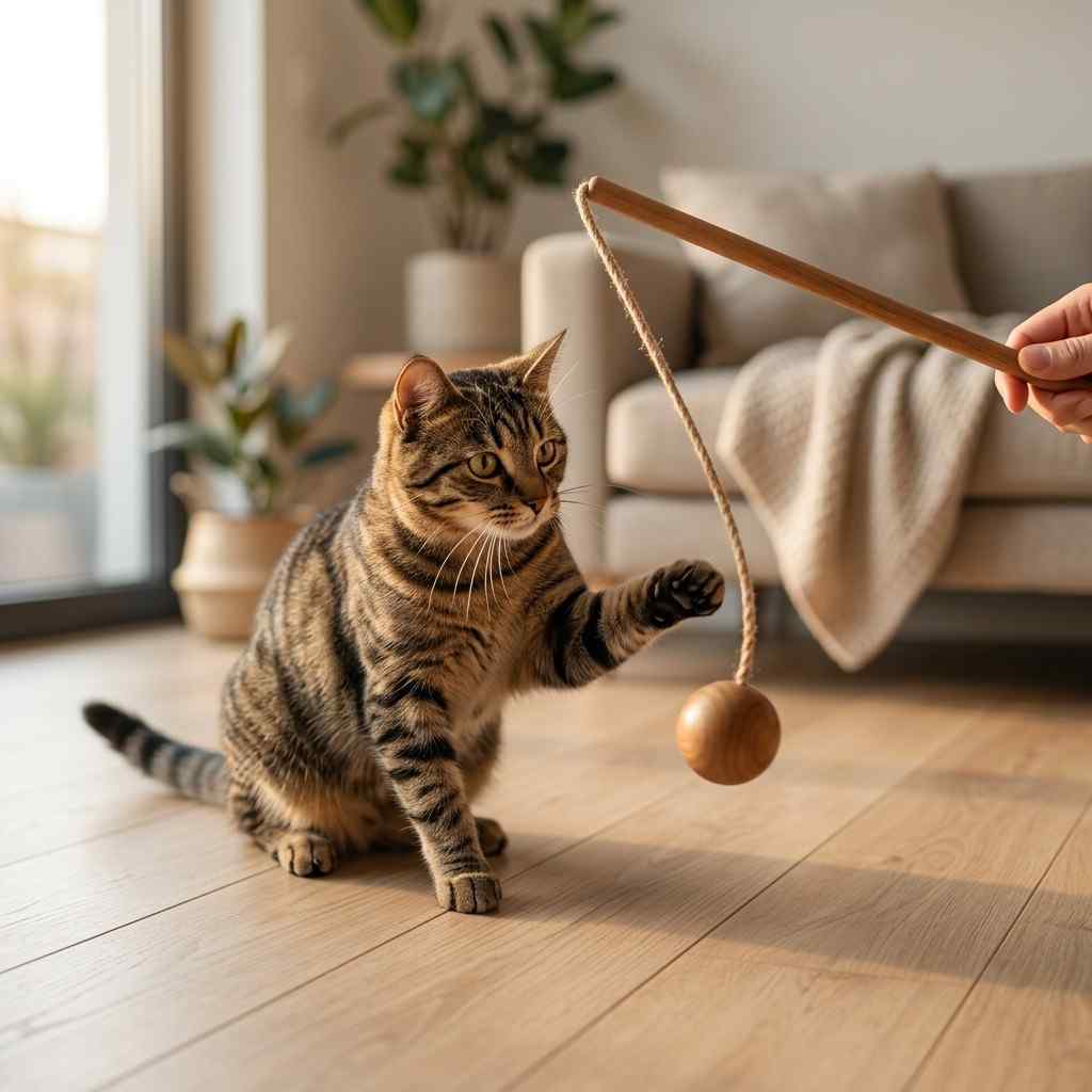 Cat playing with wooden ball stick toy indoors