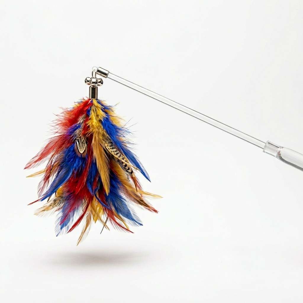 Front view of cat toy with feather on white background