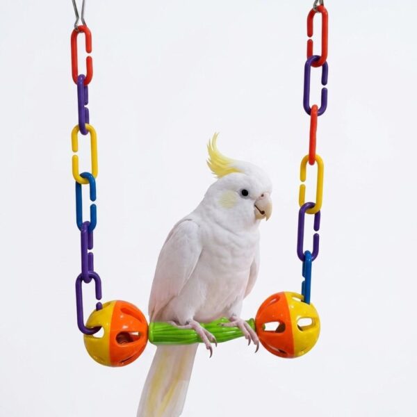 Colorful Bell Swing for Parrots with wooden perch, colorful beads, and hanging bell on a white background.
