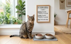 Healthy cat sitting near food bowls and feeding schedule board showing daily cat feeding routine in modern home