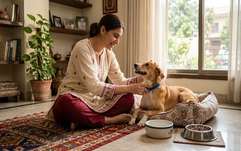 A realistic lifestyle image showing a beginner dog owner caring for a happy dog at home in Pakistan. The scene highlights feeding, comfort, and bonding in a clean indoor environment.