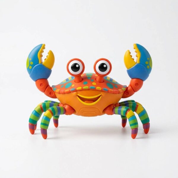 Front view of colorful crab toy on white background