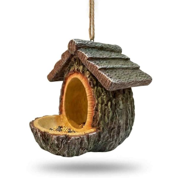 Creative simulation tree stump bird feeder pendant on a white background.