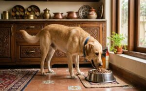 Dog eating healthy dog food for sensitive stomach in clean bowl