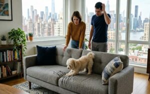 Small dog scratching on sofa in apartment with worried owners