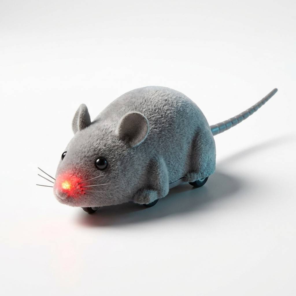 Electric mouse toy casting shadow on white background