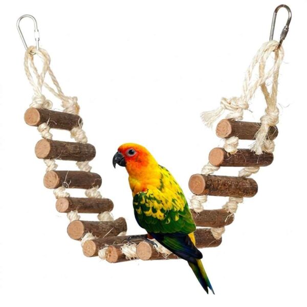 Hanging Rope Play Birds Toy with colorful cotton rope, wooden blocks, beads, and bell on a white background.