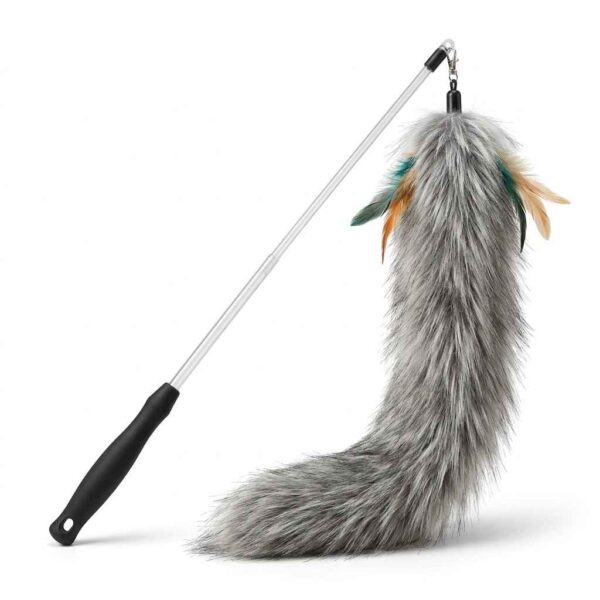 Front view of long tail teaser stick cat toy on white background
