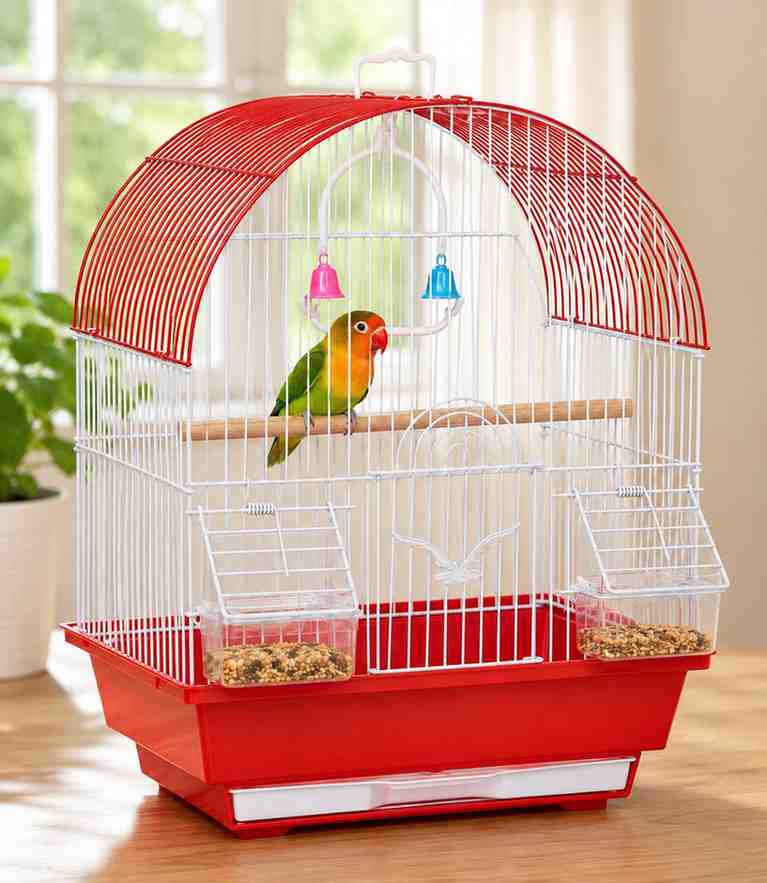 Small bird cage placed in a modern home with a pet bird inside.