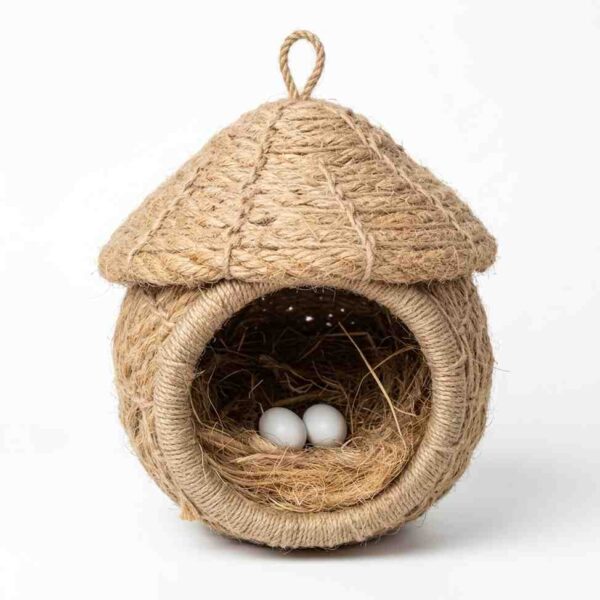 Natural jute rope nesting material for birds on a white background.