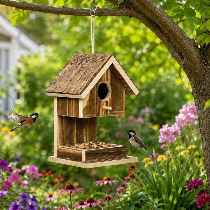 Outdoor birdhouse bird feeder hanging from a tree in a garden.