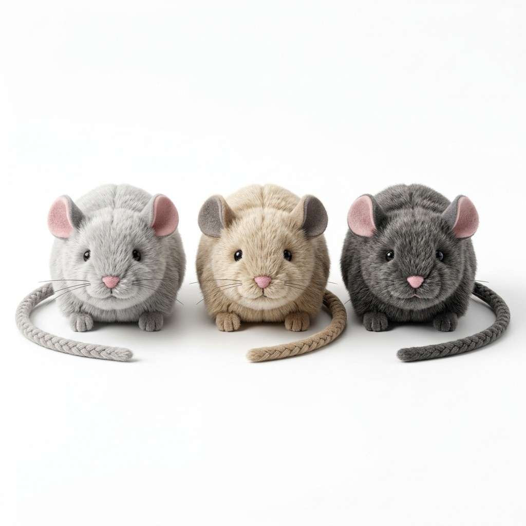 Front view of pack of three mouse cat toys on white background