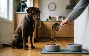 Dog sitting beside food bowl while owner pours measured kibble showing daily feeding routine