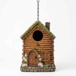 Rustic log cabin bird house with resin roof and hanging chain on a white background.