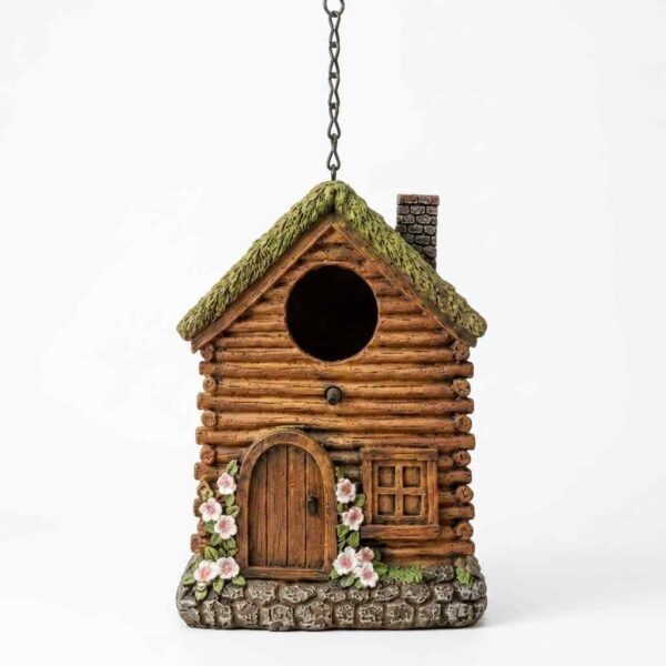 Rustic log cabin bird house with resin roof and hanging chain on a white background.