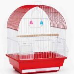 Small bird cage with removable base, wooden perch, and feeding bowl on a white background.