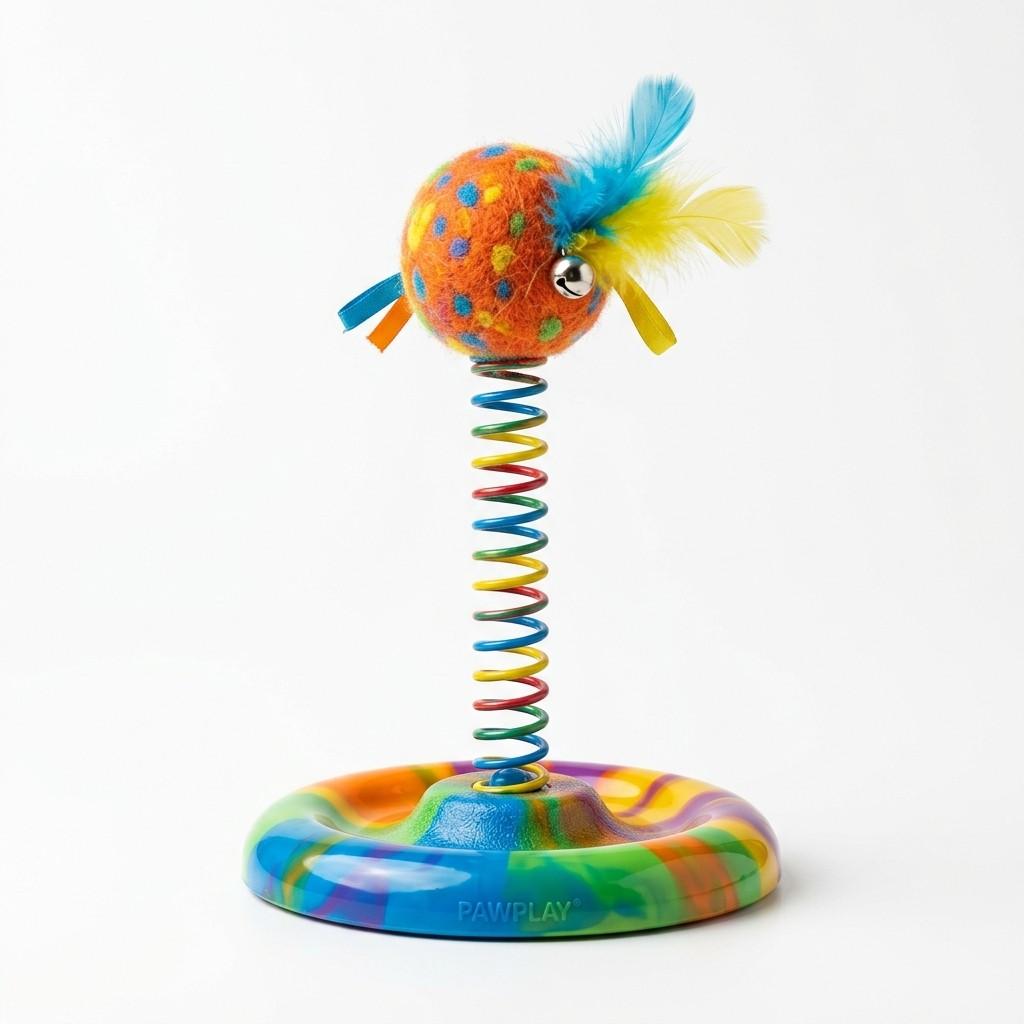 Front view of spring ball cat toy on white background