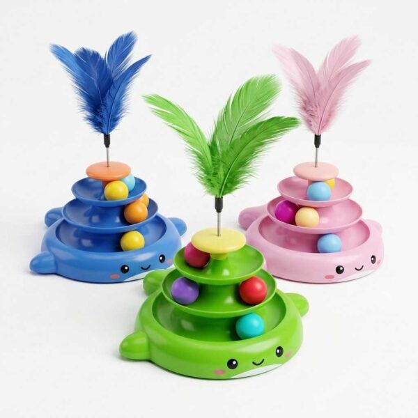 Tower Track Toy with 3 rolling balls and feather teaser on a white background.