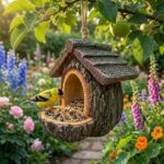 Simulation tree stump bird feeder hanging from a tree in a garden.