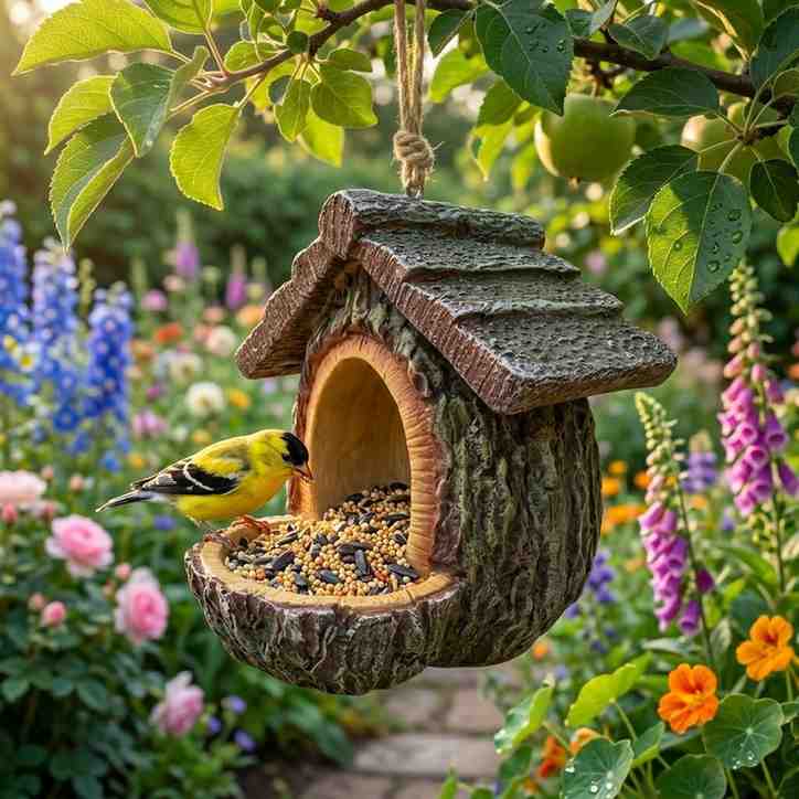Simulation tree stump bird feeder hanging from a tree in a garden.